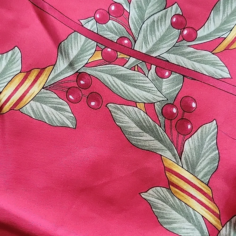 Vintage Oscar De La Renta Silk Square Scarf Red Cherry Holly Berry Print 34 X 35